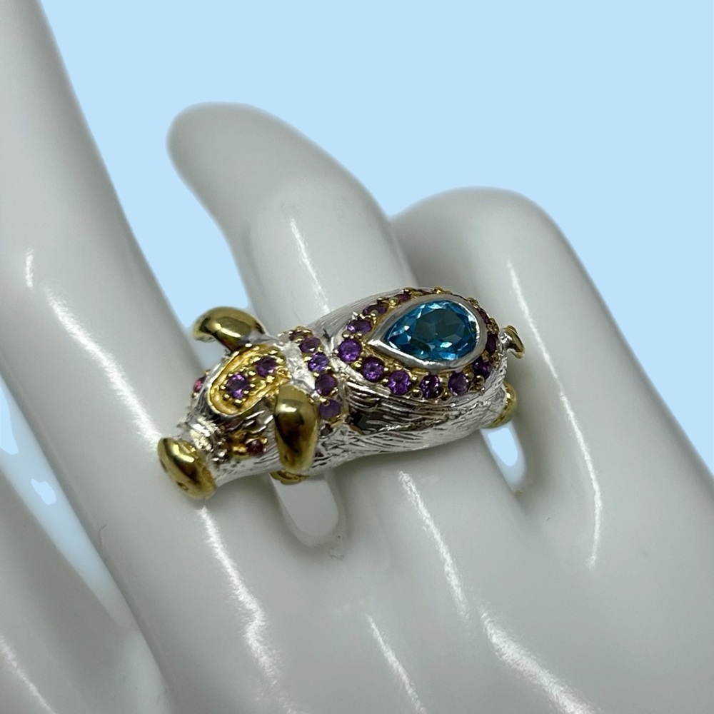 Exquisite, One Of A Kind, Genuine Blue Topaz & Amethyst Piggy Ring. - Picture 1 of 4